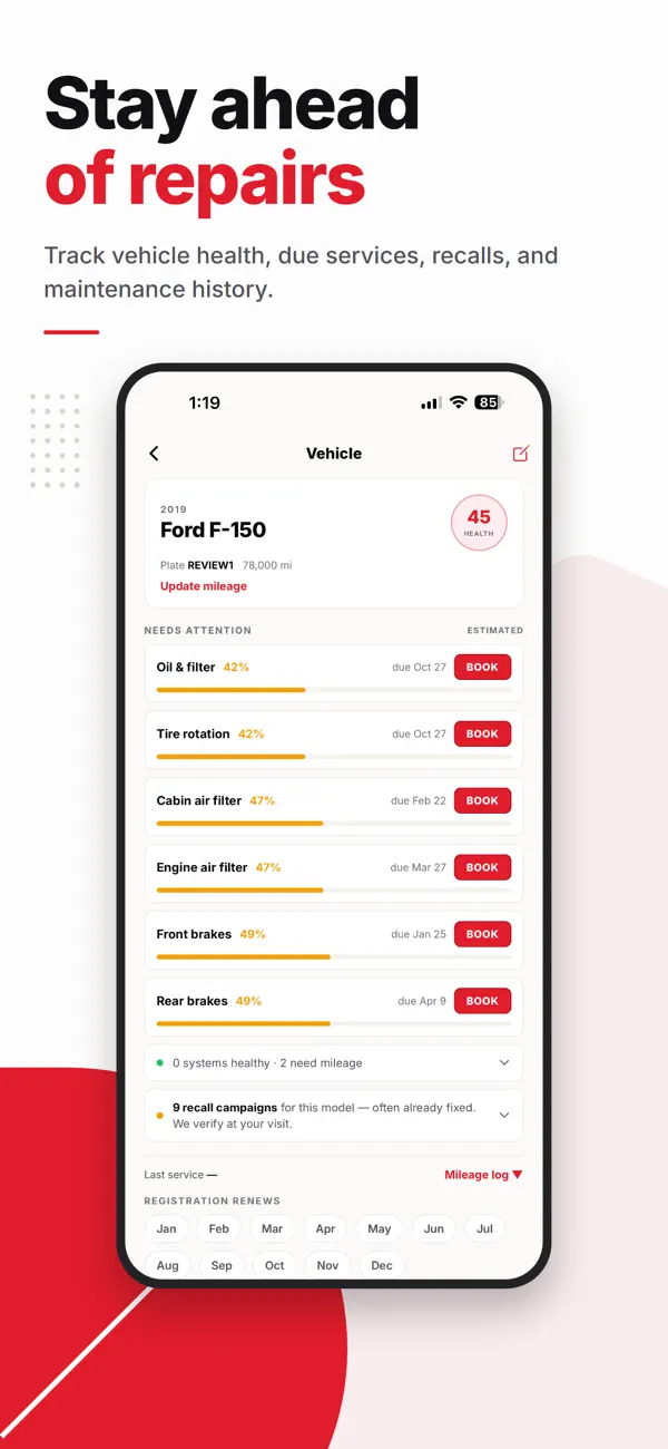 QuickFix app listing screenshot with example vehicle maintenance information
