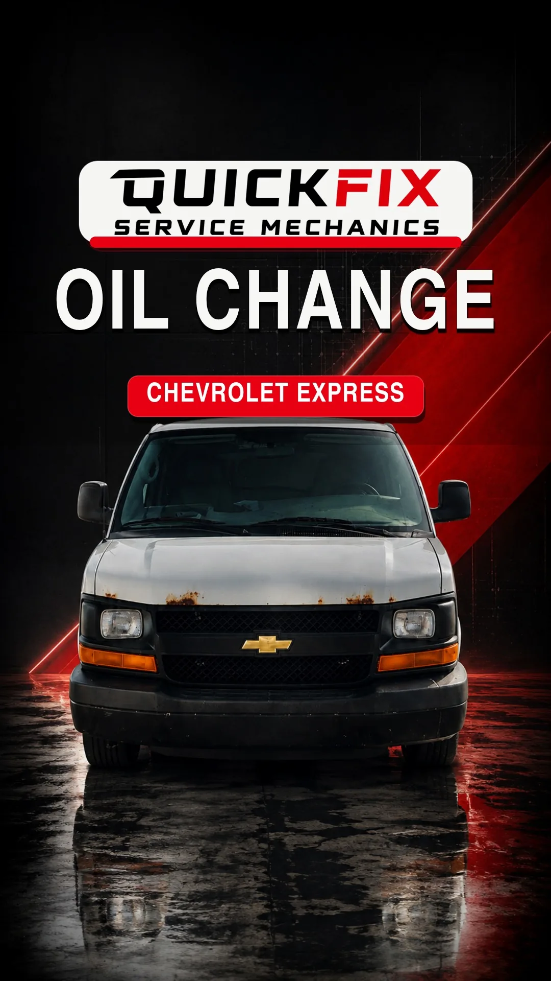 Published QuickFix oil-change video cover featuring a Chevrolet Express work van